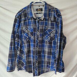 Point Zero Gold Collection Shirt 2XL Blue Black Plaid Snap Front 100% Cotton